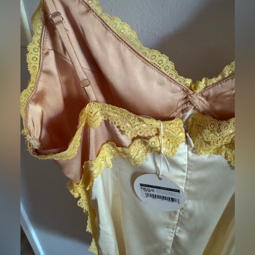 Indigo Octopus Beige Botany Ivory Cream Yellow Pink Lace Satin Mini Slip Dress M - Picture 5 of 7